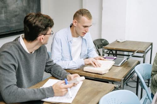 Two learners reviewing course material together